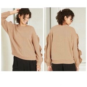 a new day Women's Tan Brown Ruffle 
Sleeve Sweater Size Medium cozy crewneck